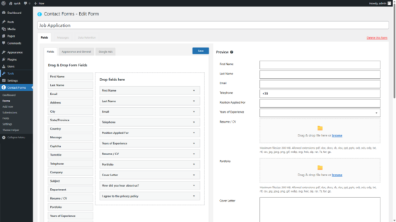 Editor drag-and-drop di Contact Forms con pannello di anteprima in tempo reale