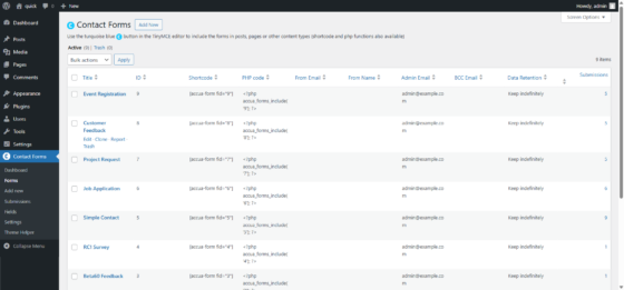 Lista moduli con shortcode, email amministratore e impostazioni conservazione dati