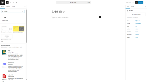 Inseritore blocchi Gutenberg con blocco Contact Form selezionato