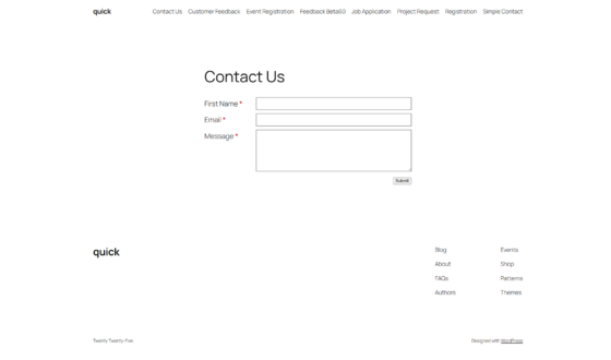 Modulo di contatto nel frontend con layout standard, etichette sopra i campi