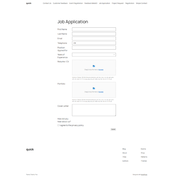 Modulo di candidatura con campi di caricamento file drag-and-drop