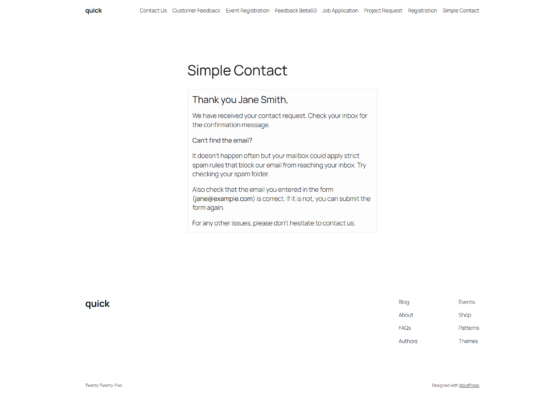 Messaggio di successo personalizzabile visualizzato dopo invio del modulo